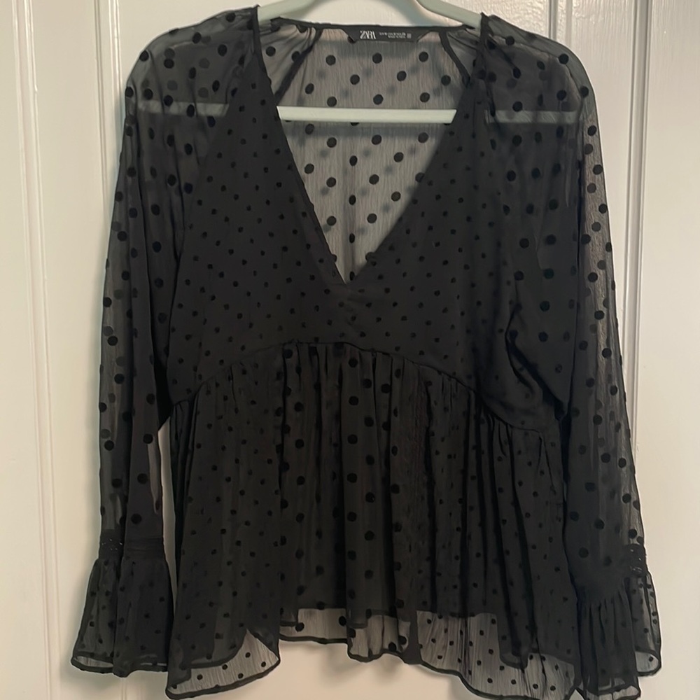 Zara black blouse with polka dots, size medium